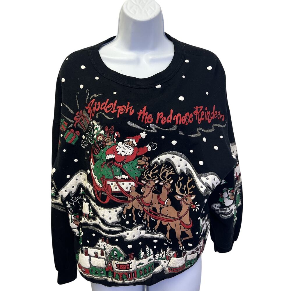 🎄 Vintage Variety US S Black Rudolph Red Nosed Reindeer Christmas Sweatshirt